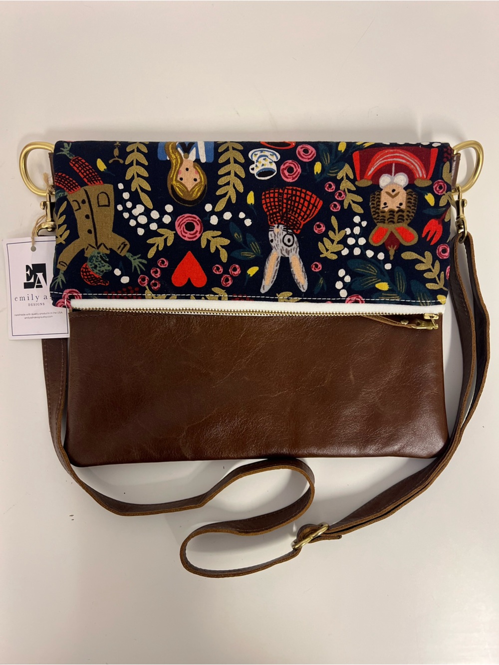Hand Made Emily Ash Brown Leather Crossbody Bag with Alice in wonderland print